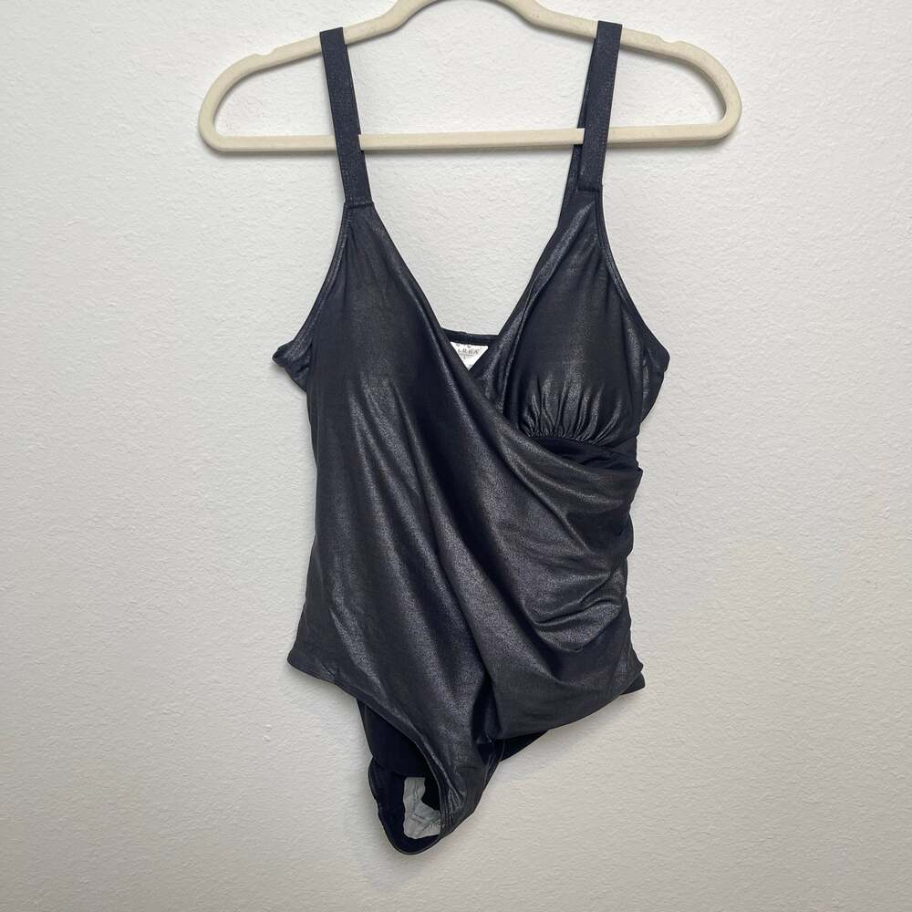 Serra One Piece Swimsuit L Black Metallic Ruched Tummy Control Adjustable Straps